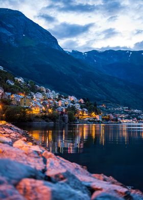 Norwegian Fjord Town at Dusk