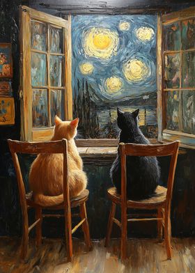 Cats Couple Watching Starry Night