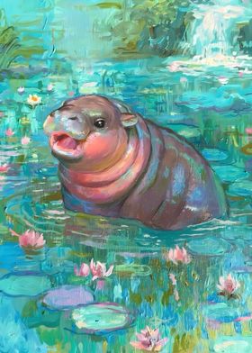 Moo deng Baby Hippo in Water Lilies