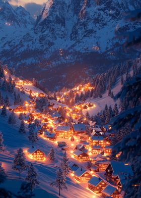 Snowy Mountain Village at Night