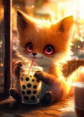 Cute Fox Drinking Boba Tea