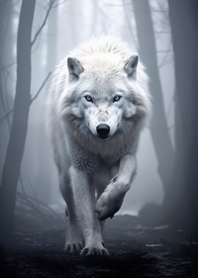 White Wolf in Foggy Forest