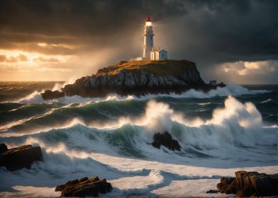 Lighthouse in Stormy Sea