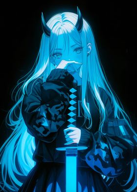 Blue Samurai Neon Anime Girl