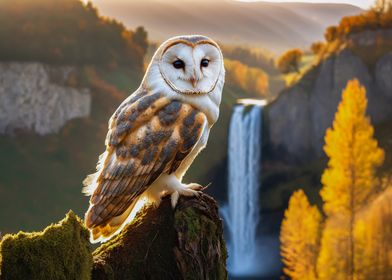 Barn Owl by Waterfall