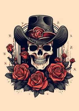 Skull in Cowboy Hat with Roses