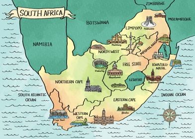 Watercolor Map of South Africa