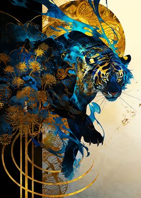 Blue Tiger with Golden Flowers