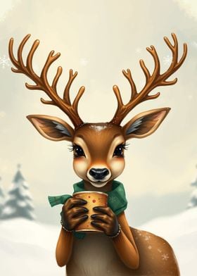 Christmas deer  holding a coffee cup