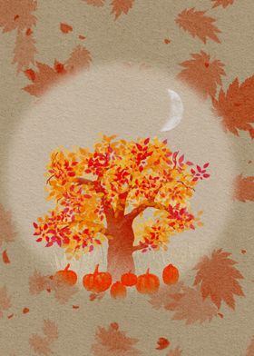 Autumn Tree with Pumpkins