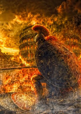 Roman gladiator under the flames of the colosseum