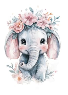 Cute Elephant with Flowers