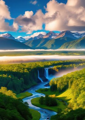 Waterfall in Mountain Valley