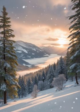 Snowy Mountain Valley Sunset