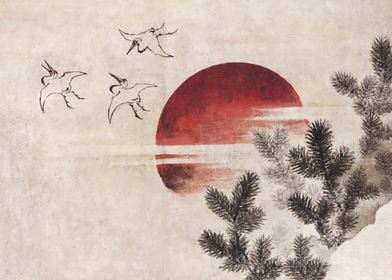 Katsushika Hokusai's Birds and Sunset