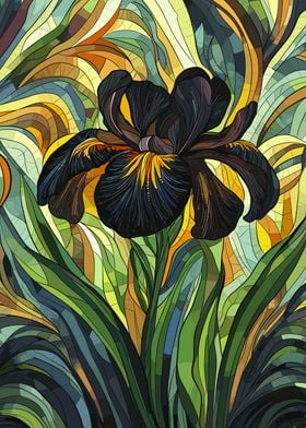 Black Iris Mosaic Flower Art