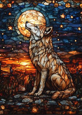 Wolf Howling at the Moon Stained Glass