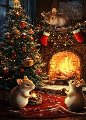 Christmas Mice by Fireplace