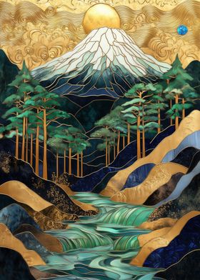 Stained Glass Mountain Landscape