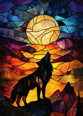 Wolf Howling at the Moon Stained Glass