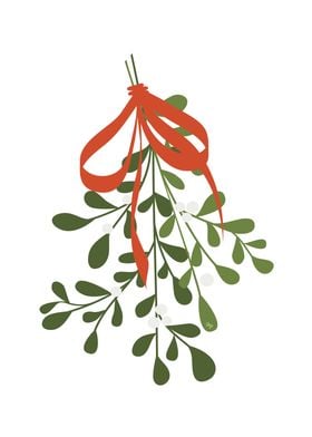 Green Xmas Mistletoe with Red Ribbon