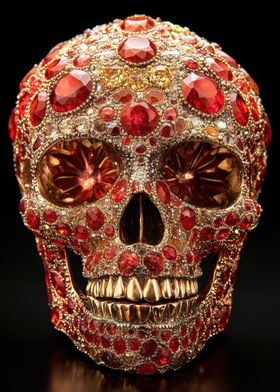 Gold Skull with Red Gemstones