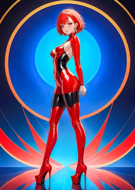 Anime Girl in Red Latex Bodysuit