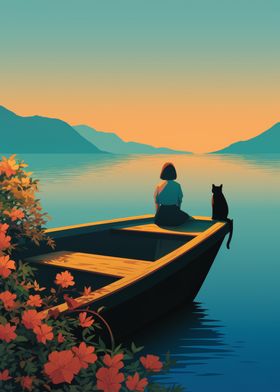 Sunset Boat with Cat