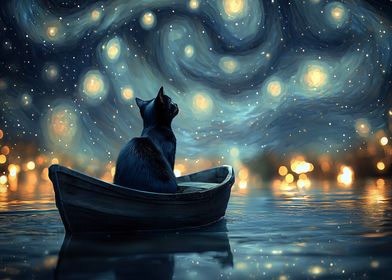 Cat in a Boat Under Starry Sky