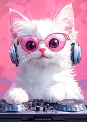 DJ Kitty Cat with Headphones on the Turntable