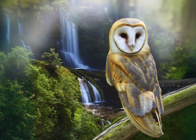 Barn Owl by Waterfall