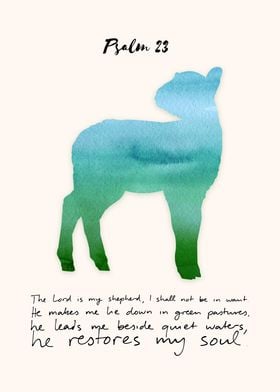 Psalm 23, Watercolor Lamb, Bible verse, Christian Art, Biblical, Scripture