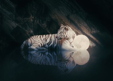 "The Moon Whispers" - White Tiger and Moon