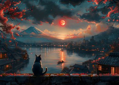 Cat Watching Sunset Over Japan