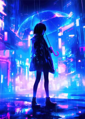 Anime Girl in Neon Rain