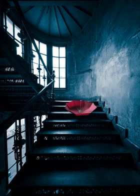 Red Umbrella on Stairs