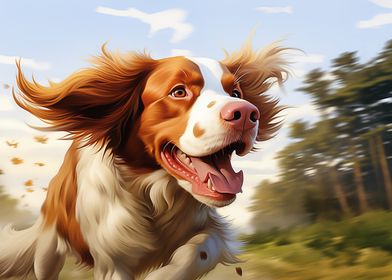 Running Brittany spaniel with Windblown Fur