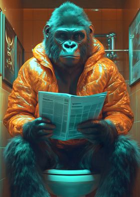 Gorilla Reading on Toilet