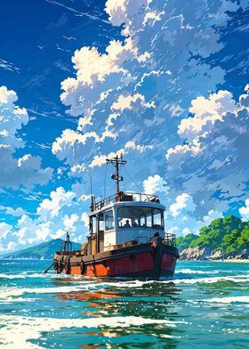 Tugboat Under Blue Sky