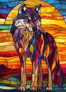 Stained Glass Wolf Sunset