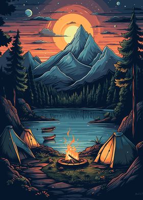 Campfire Under Mountain Sunset