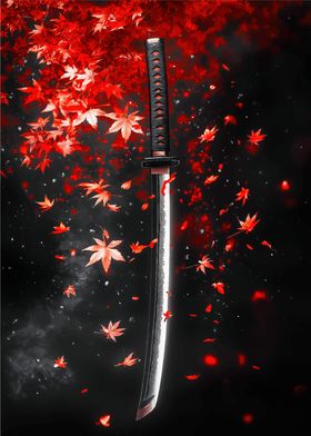 Samurai Sword with Falling Leaves