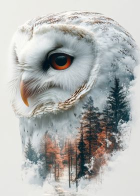 Owl in Forest Double Exposure