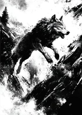 Wolf Leaping in Mountains