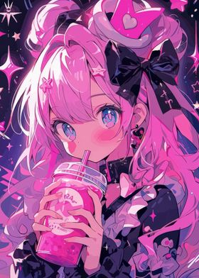 Anime Girl with Pink Drink