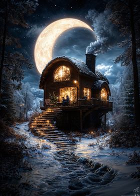 Cozy Cabin Under Crescent Moon