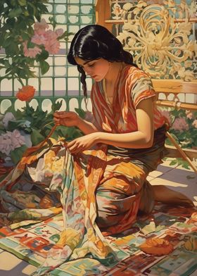 Woman Sewing in Garden