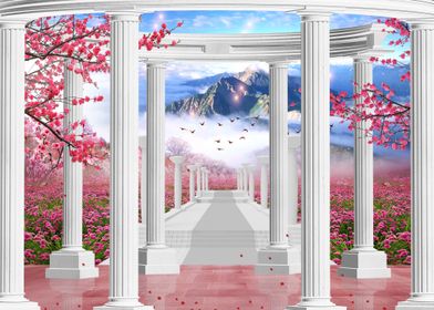 White Columns & Pink Blossoms