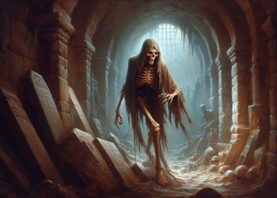 An undead walking in a crypt - Oil painting style