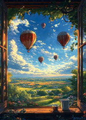 Window View with Hot Air Balloons